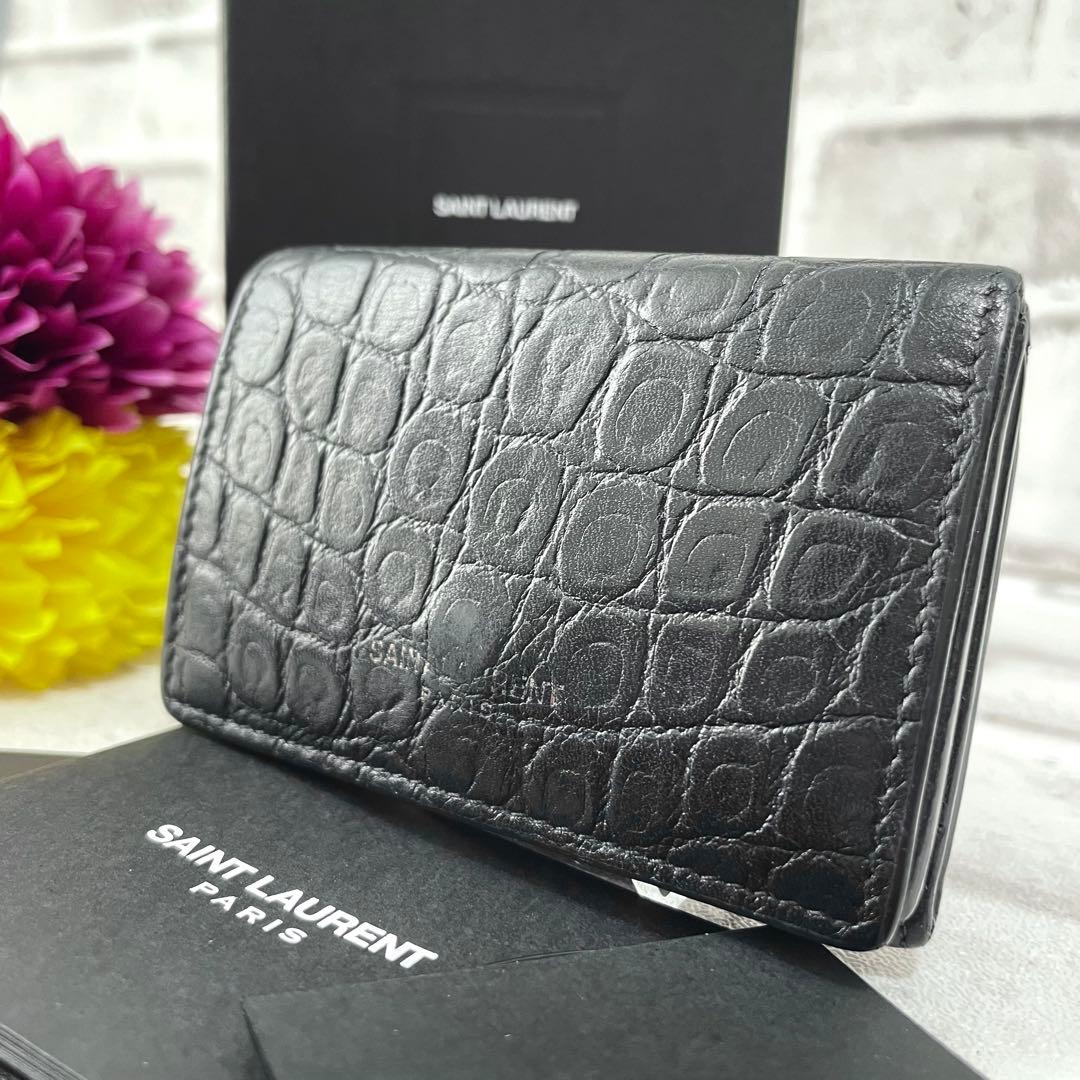 美品✨サンローラン　三つ折り財布　クロコ　金ロゴ　黒　付属品
