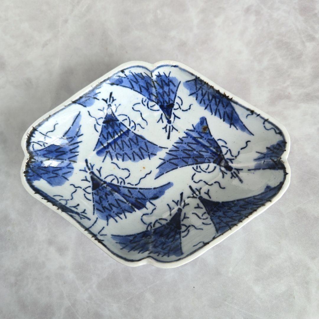 無傷完品　古伊万里　染付　変形皿　江戸時代　型紙摺　印判　骨董　金継ぎ