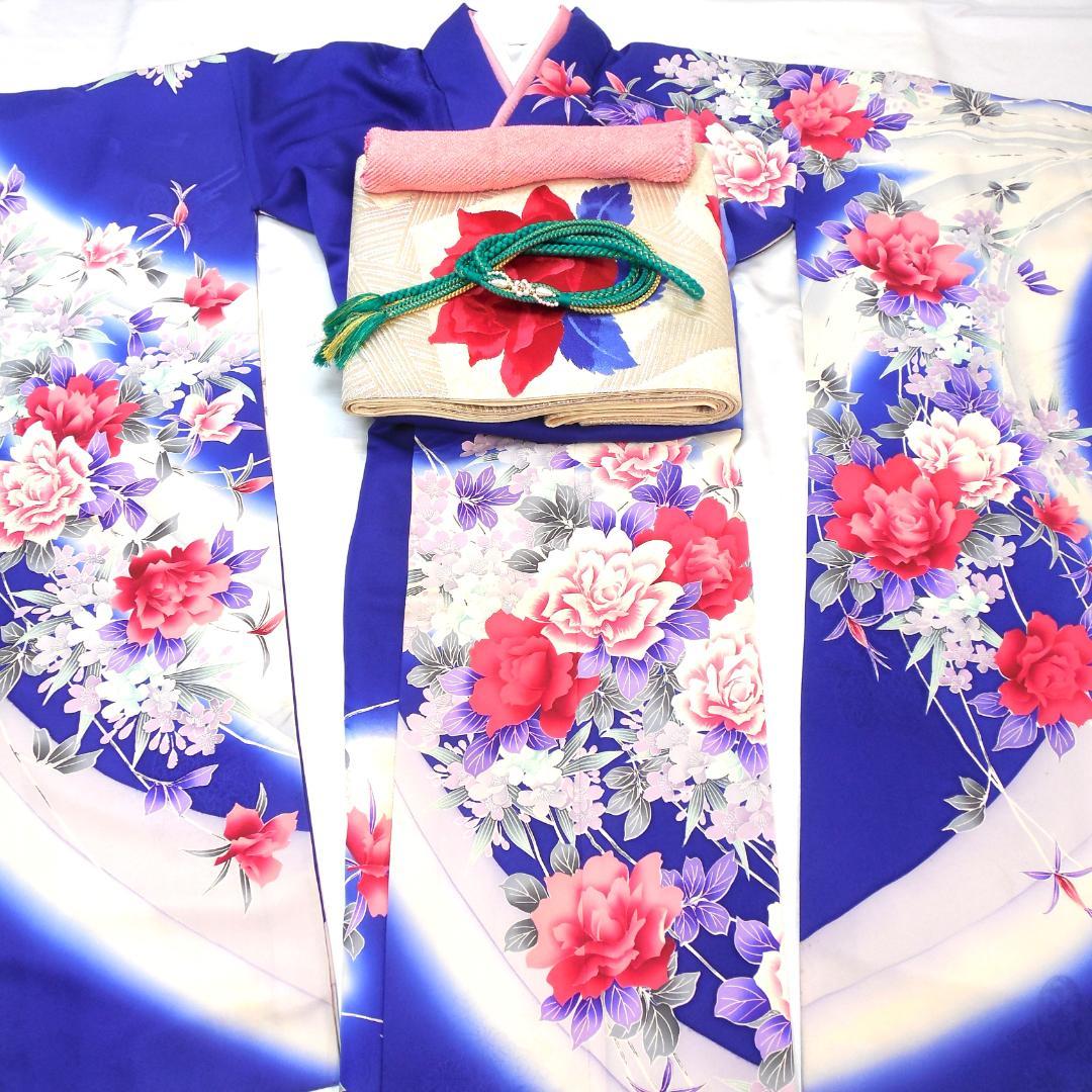 美品★振袖フルセット　振袖　正絹　成人式　Mサイズ　ブルー　青　花柄　バラ