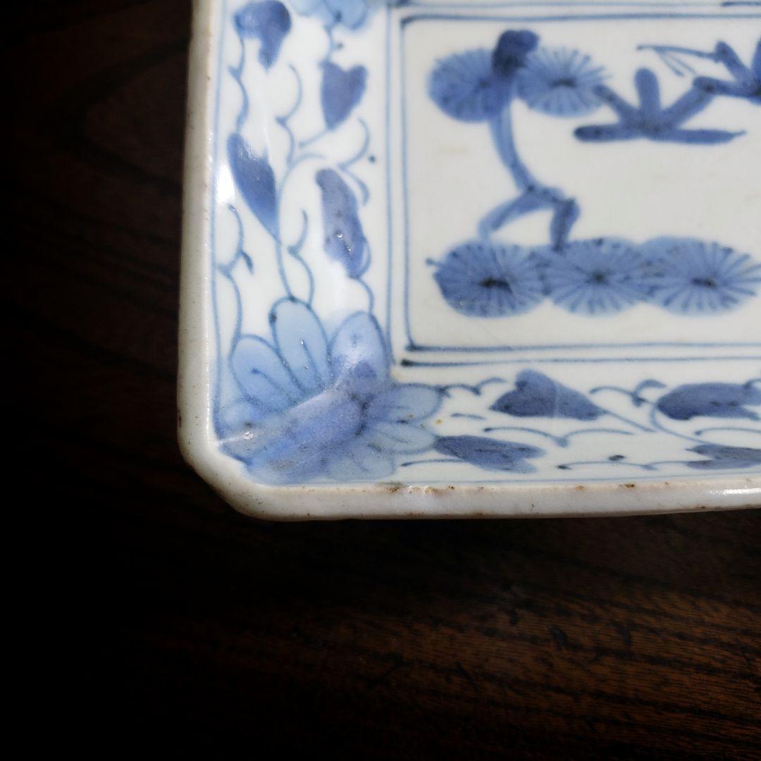 古伊万里 染付松竹梅図長皿 牡丹唐草 花唐草 鮎皿 江戸後期 厚手 訳あり