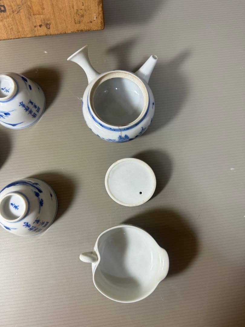 2340九谷焼　青九谷青花　染付山水　茶器セット　宝瓶1客　湯冷し1客　湯呑5客