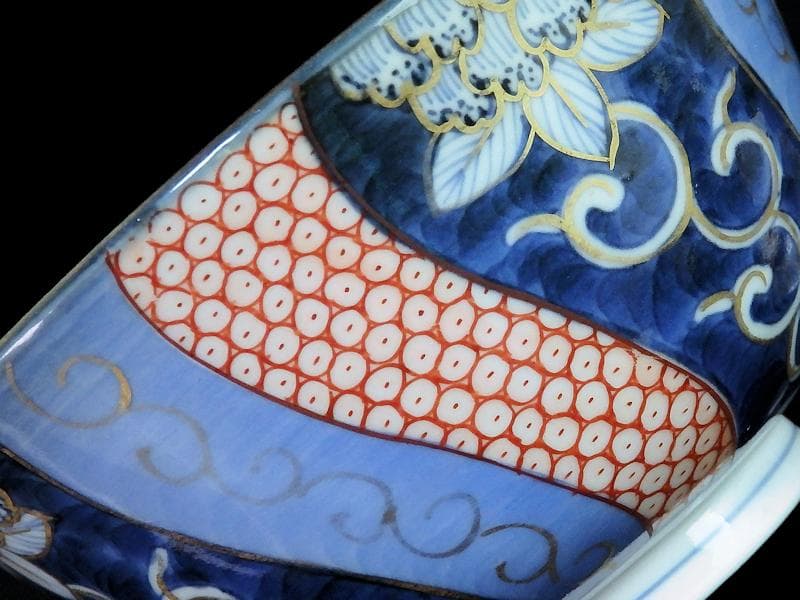 古伊万里　染錦　捻り紋　花の図　蓋茶碗　江戸期　E545AS-CIp