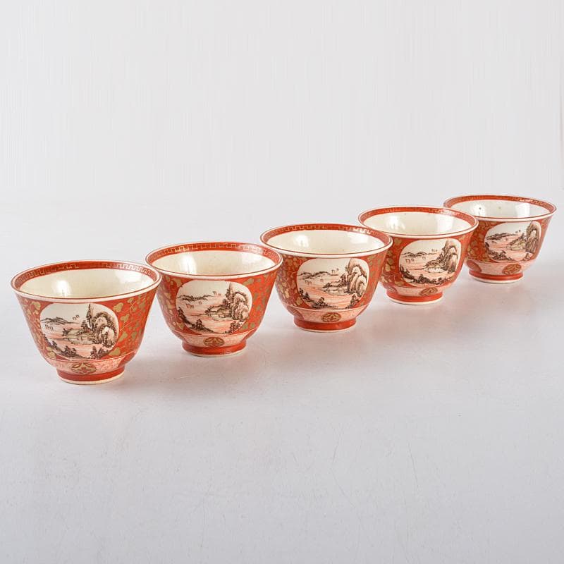 九谷焼　古九谷焼　赤絵金彩　山水人物花文　煎茶碗　五客　時代箱付　F　R5469