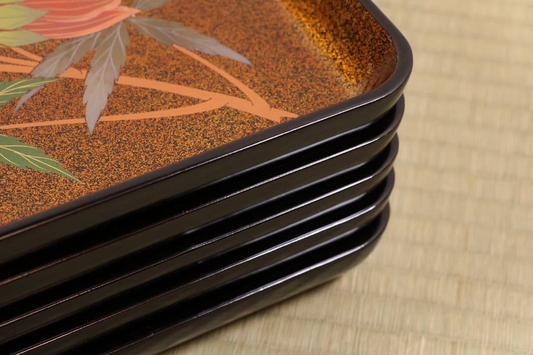 輪島塗 木製 花の蒔絵 梨地 四方膳 五客 芙蓉 木槿 卓上 茶懐石【CM187