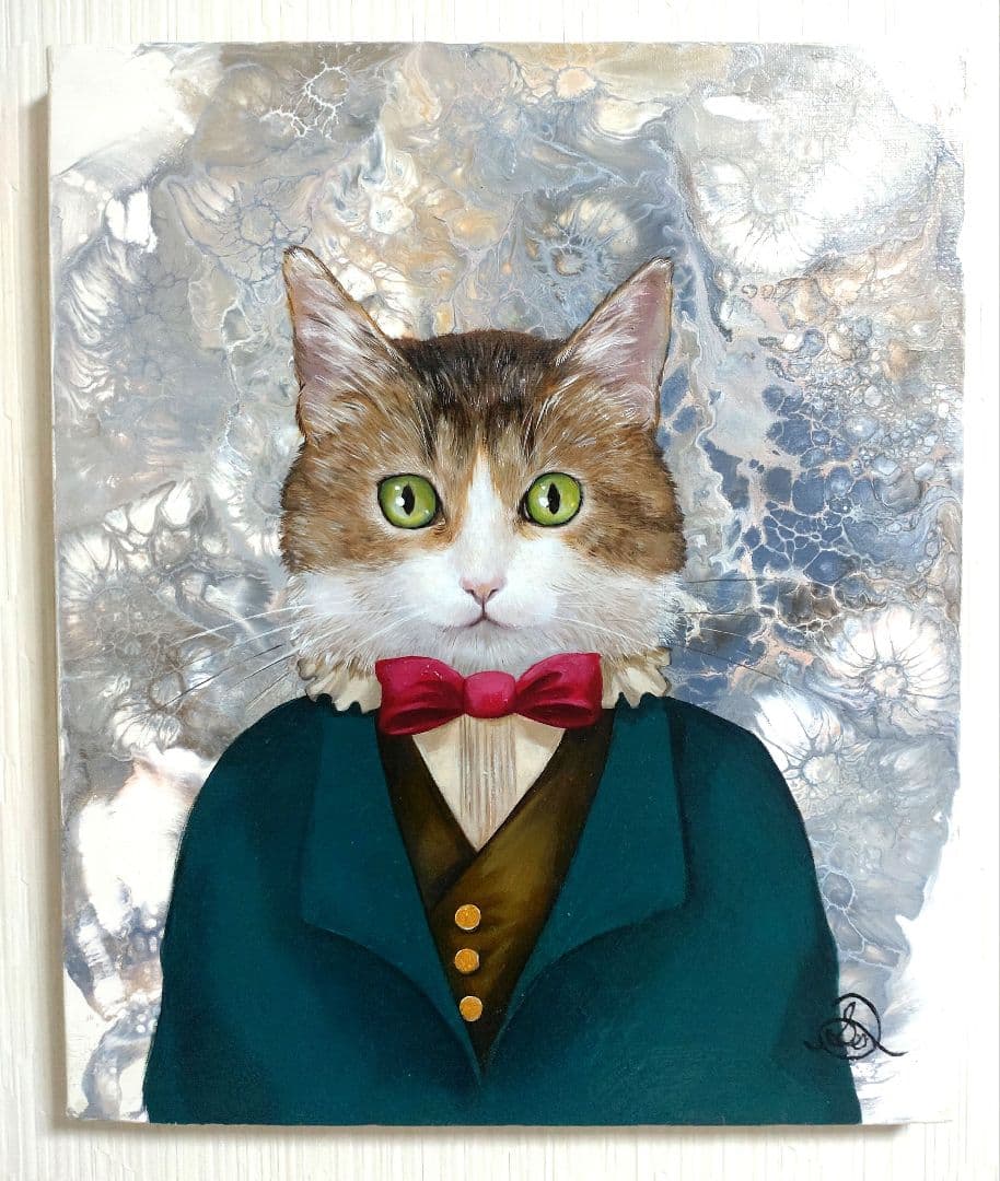 猫の油絵【猫伯爵】1点物の原画/作者サイン入り/F8号キャンバス