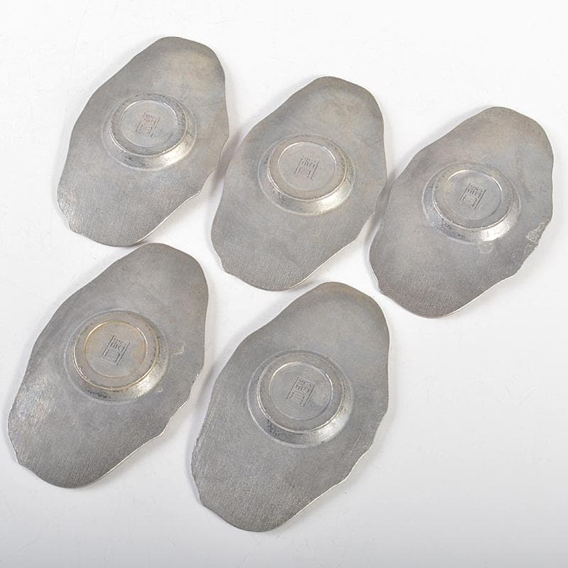 煎茶道具　松月造　純錫　蕉葉式　茶托　五客　合計約514g　箱付　V　R7300