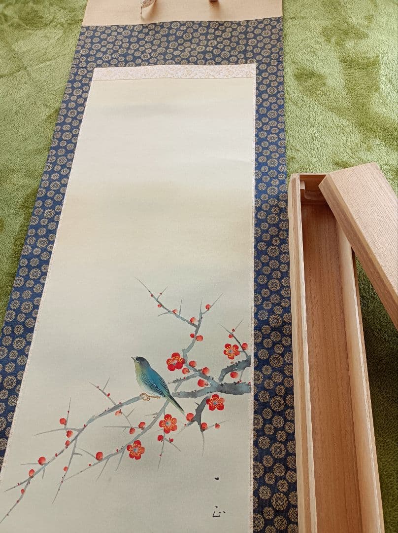 美品 軸 開運 福 おもてなし 絵 幸運 青鳥 花 茶 中国 美術 インテリア