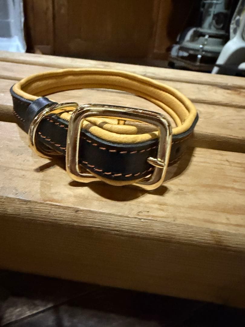 鹿革製品、犬用レザー首輪 黒と黄色 ゴールドバックル【小型犬様】