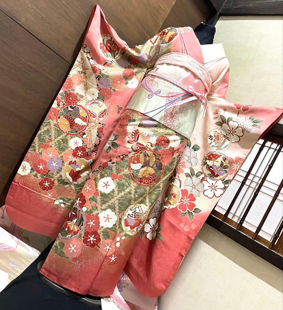 振袖 フルセット6点サイズS〜M 駒刺繍　雪輪花蝶文　金彩　正絹