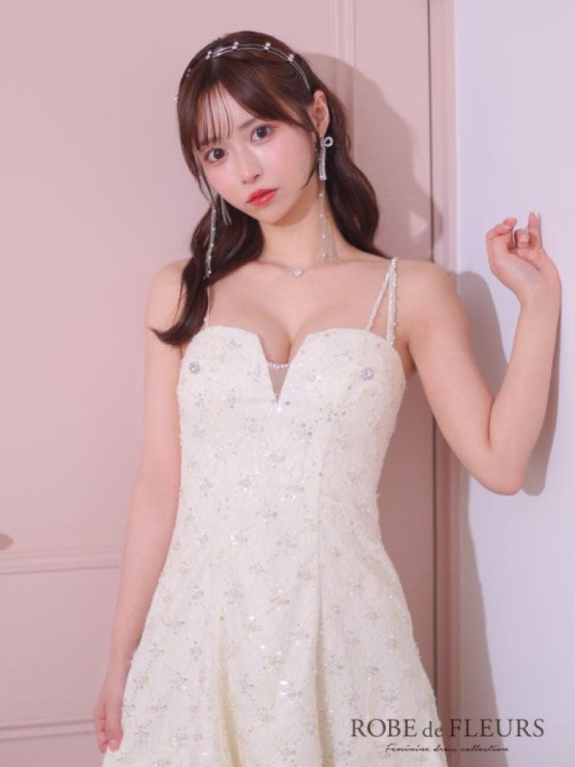ROBE de FLEURS/スパンコールアイボリーミニキャバドレスフレア新品M