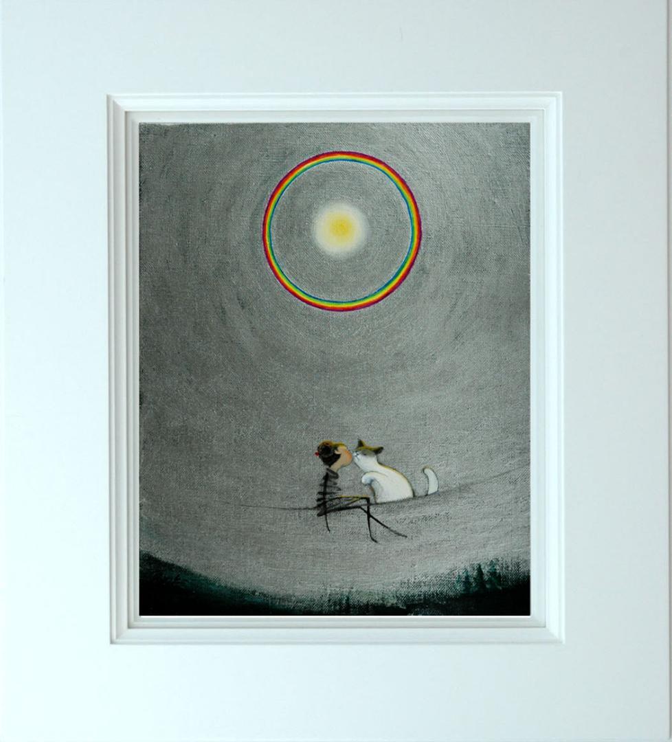 油絵 菅家令子 絵 絵画 インテリア額付(白) F3-031019 子猫と女の子