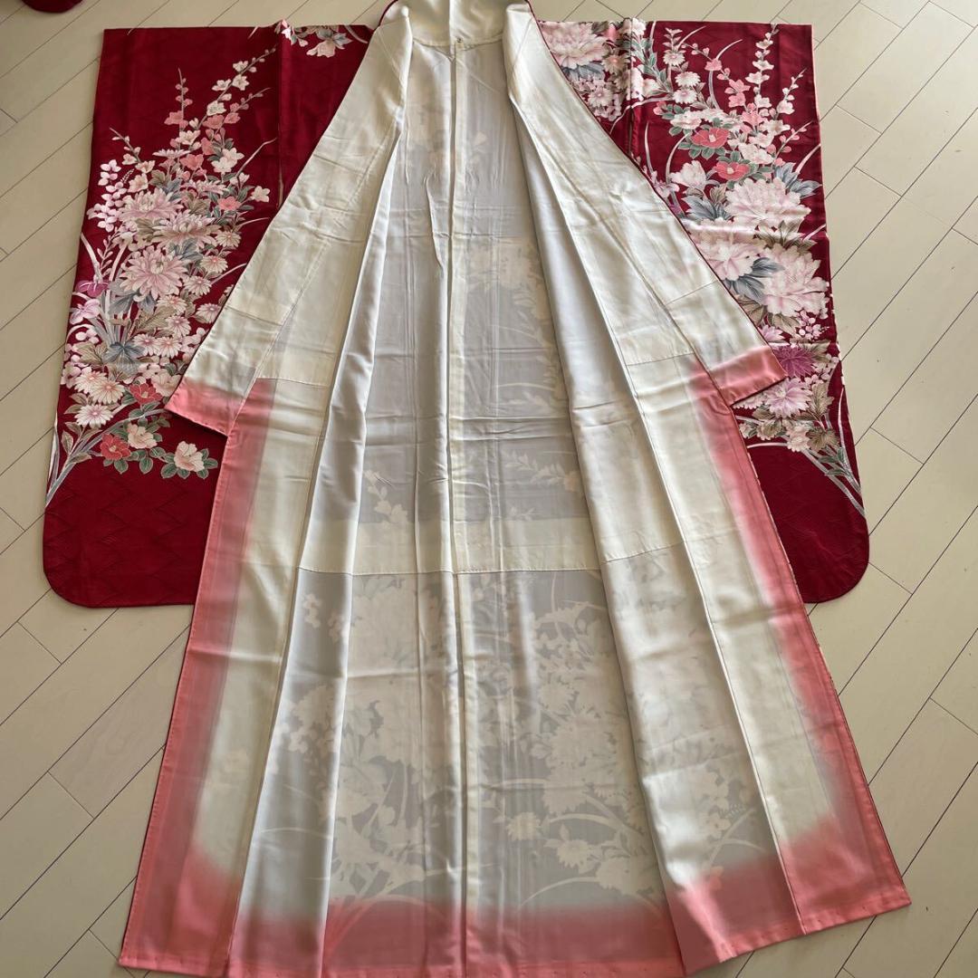 ■E4124■美品■紅海老茶色　花尽くし　京友禅　袷　振袖　丈166 裄68