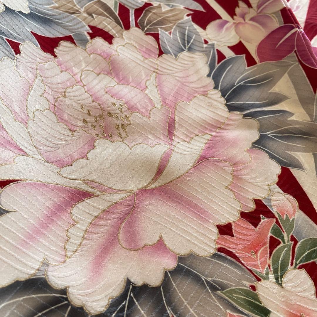 ■E4124■美品■紅海老茶色　花尽くし　京友禅　袷　振袖　丈166 裄68