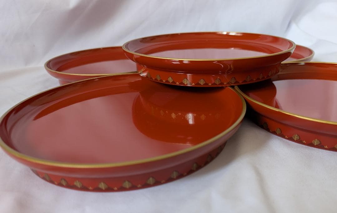 りむりむ　高級山中塗　漆塗宝来シリーズ　天然木　漆器　金彩 7寸 大皿5枚