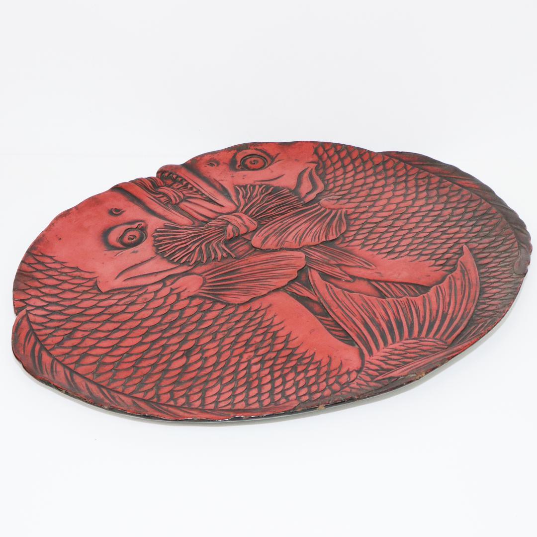 双鯛盆 漆器 木地 楕円盆 茶道具 鯉 箱付