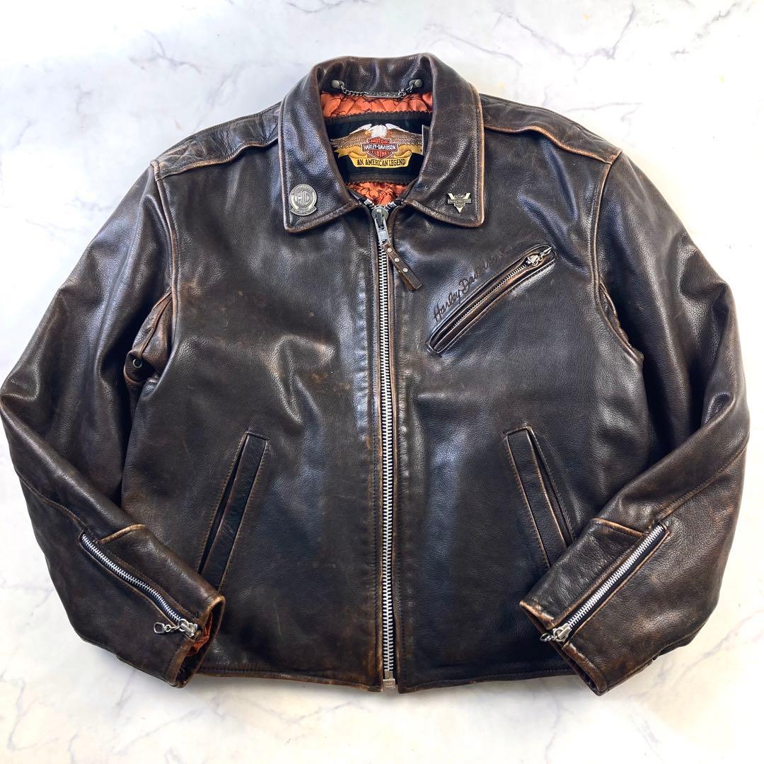 美品 ハーレーダビッドソン シングル ライダース レザージャケット エンボス加工