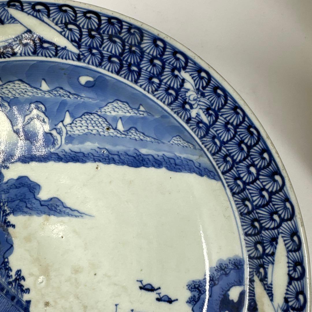 古伊万里　染付台皿2枚　木箱付　直径約25㎝東Y7-0424☆2Fトヒトカ
