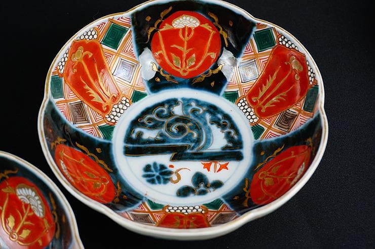 古伊万里色絵手描染付絵付け花形向付五客