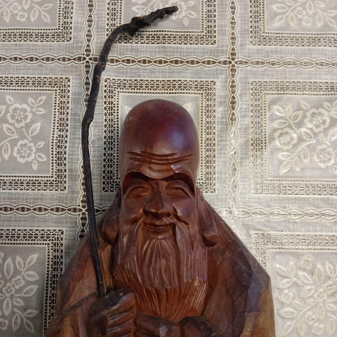 一刀彫『福禄寿　寿老人』逸品、高さ42cm(如意棒含)