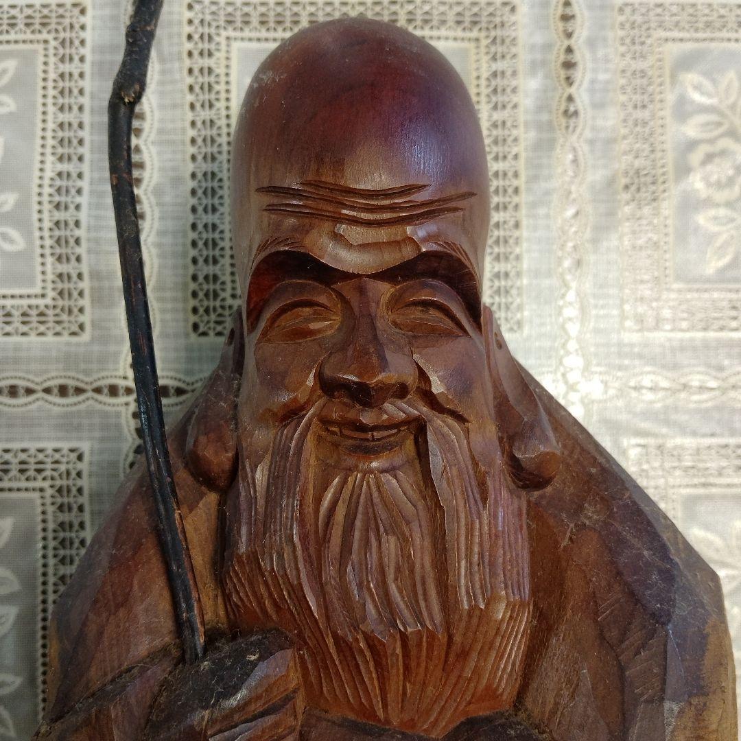 一刀彫『福禄寿　寿老人』逸品、高さ42cm(如意棒含)