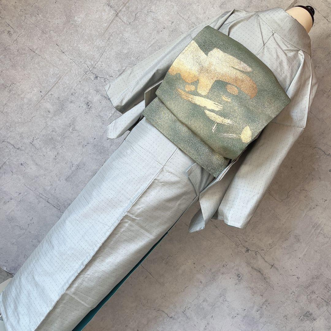 紬　小紋　着物　フルセット　帯漢字　薄いブルーグレー　F7