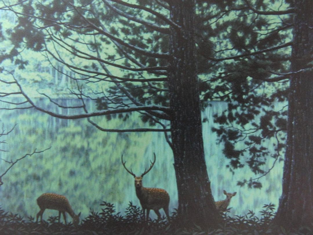 山地司、【鹿の住む森10】、希少な額装用画集より、新品額装付、状態良好