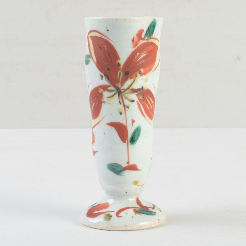 京焼　村田眞人作　赤絵　諸葛菜文　高台盃　酒杯　共布共箱　V　9334