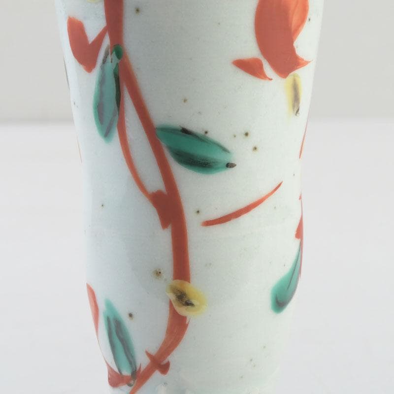 京焼　村田眞人作　赤絵　諸葛菜文　高台盃　酒杯　共布共箱　V　9334