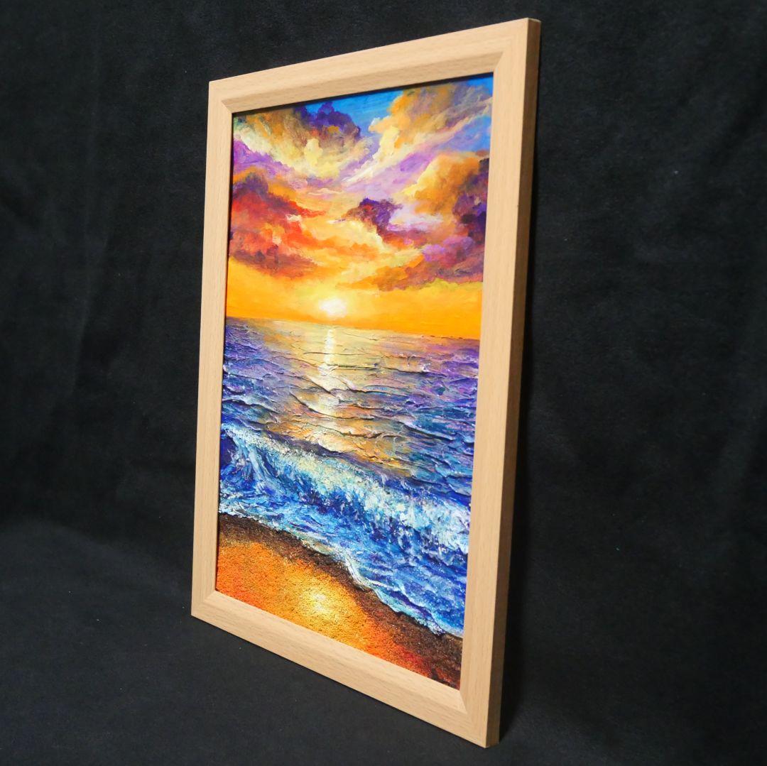 油絵 油彩 油彩画 絵 絵画 【水平線に沈む夕日】A4