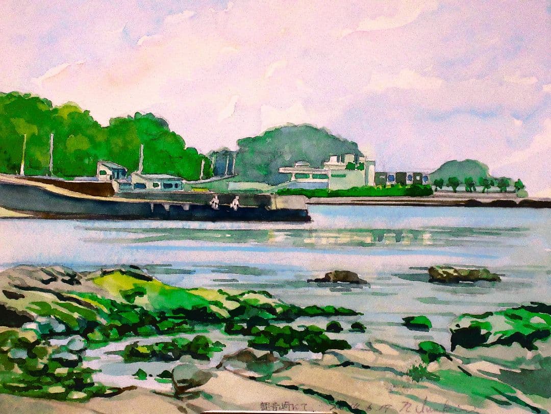 海辺の風景 水彩画 額装済み