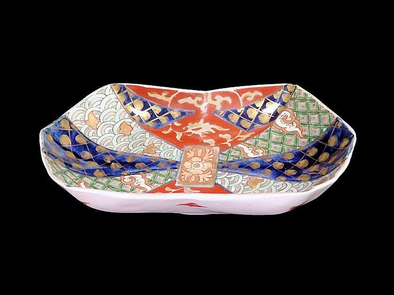 古伊万里　金襴手　波千鳥に幾何学紋の図　熨斗型変形皿　２枚E603AS-fbsj