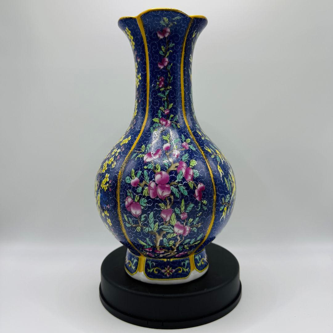 L106 青彩四角エナメル彩彩磁器花瓶 アンティーク