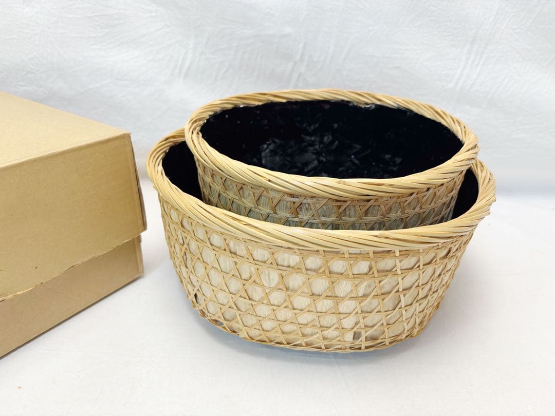 ほぼ未使用 茶道具 又妙斎好写 唐筆篭炭斗 一双（炉用・風炉用）炭取 竹細工紙箱