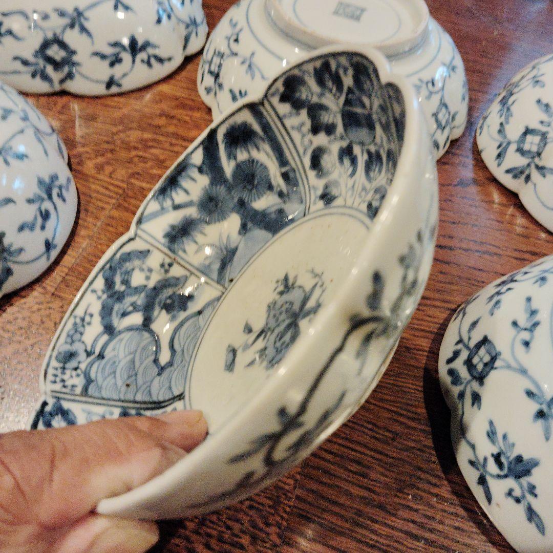 古伊万里なます皿、渦福柿右衛門手。青白磁 花柄 6客