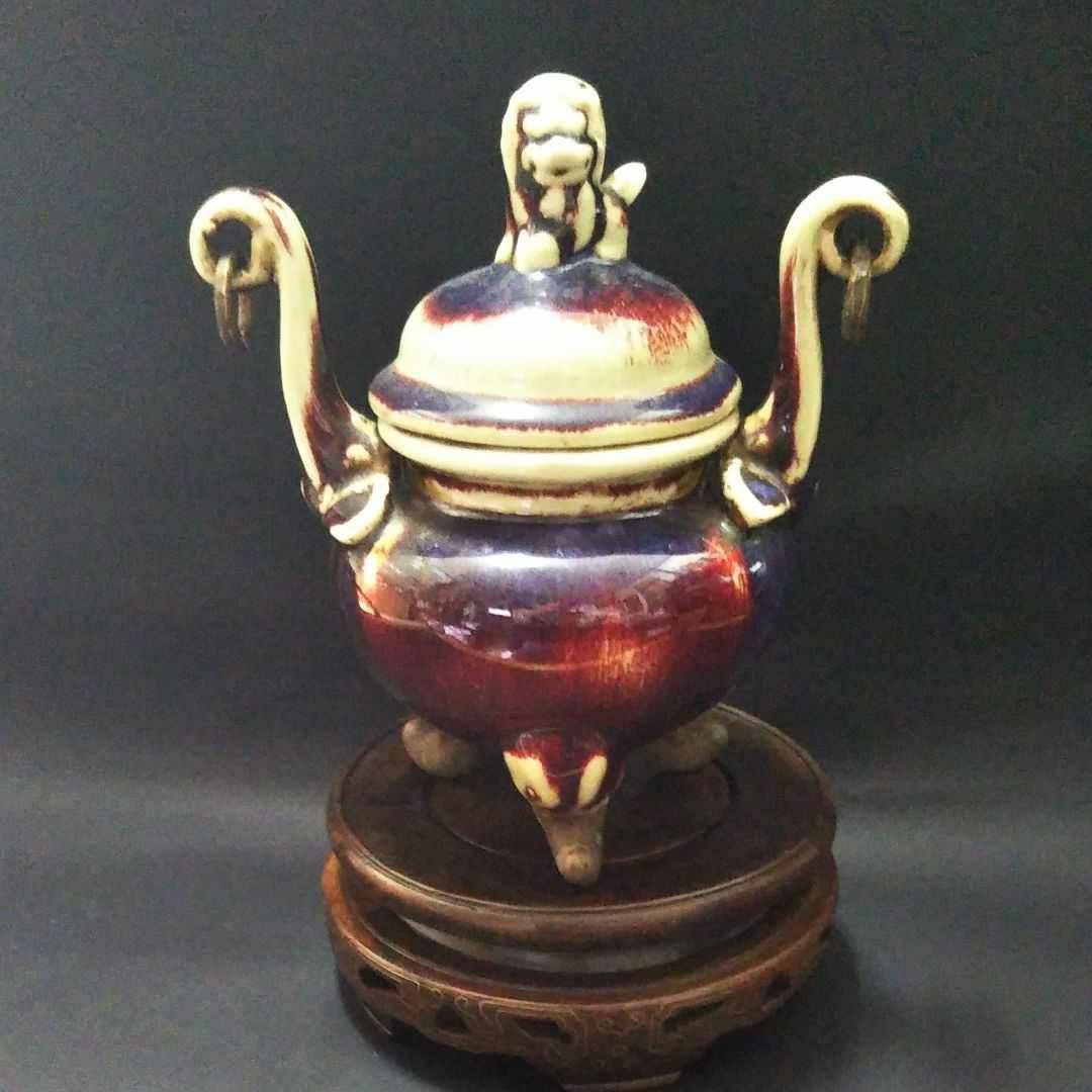 ※中国古美術/鈞窯窯変獅子蓋三足香炉/