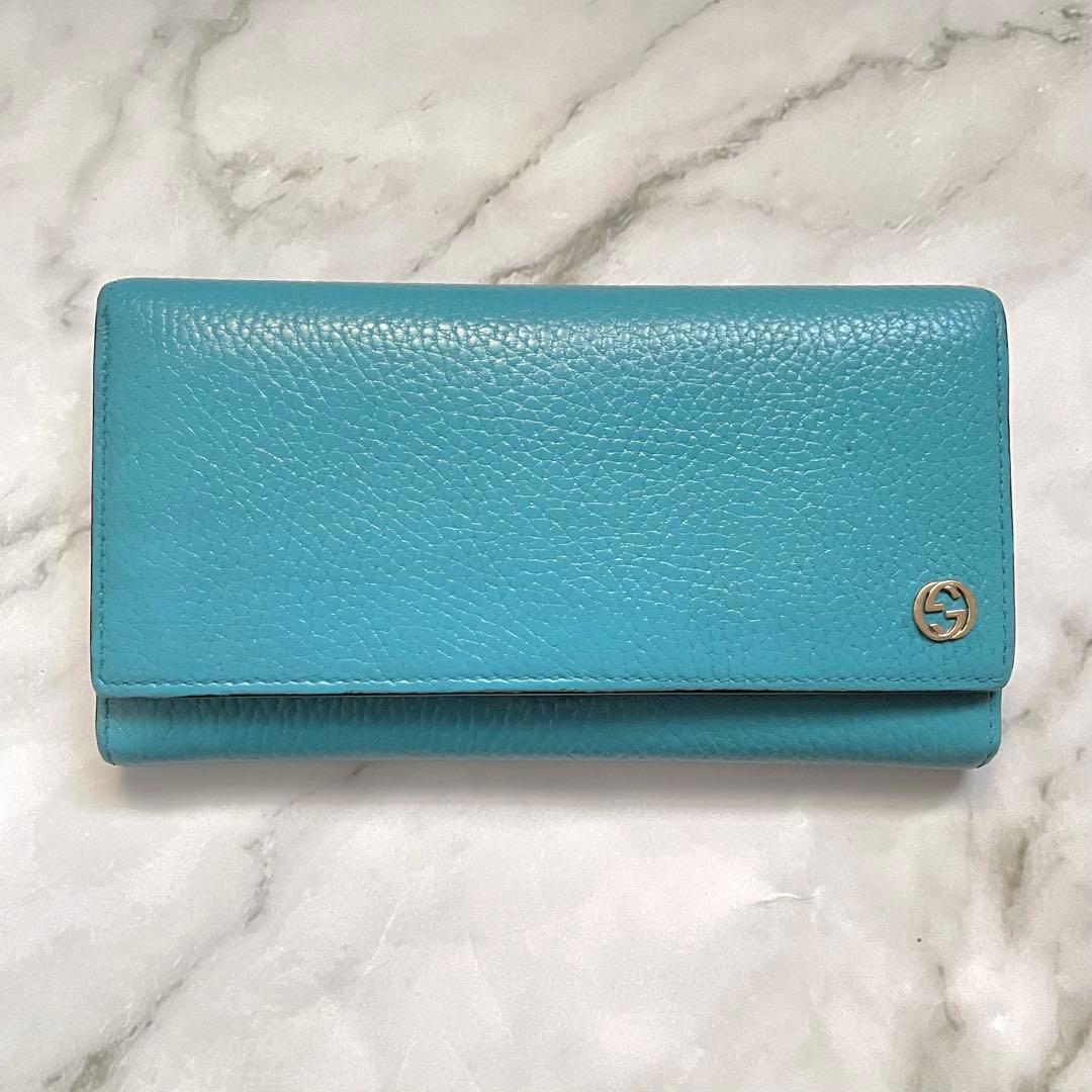 GUCCI グッチ 長財布 GG 金具 レザー ブルー　美品　0112-⑤