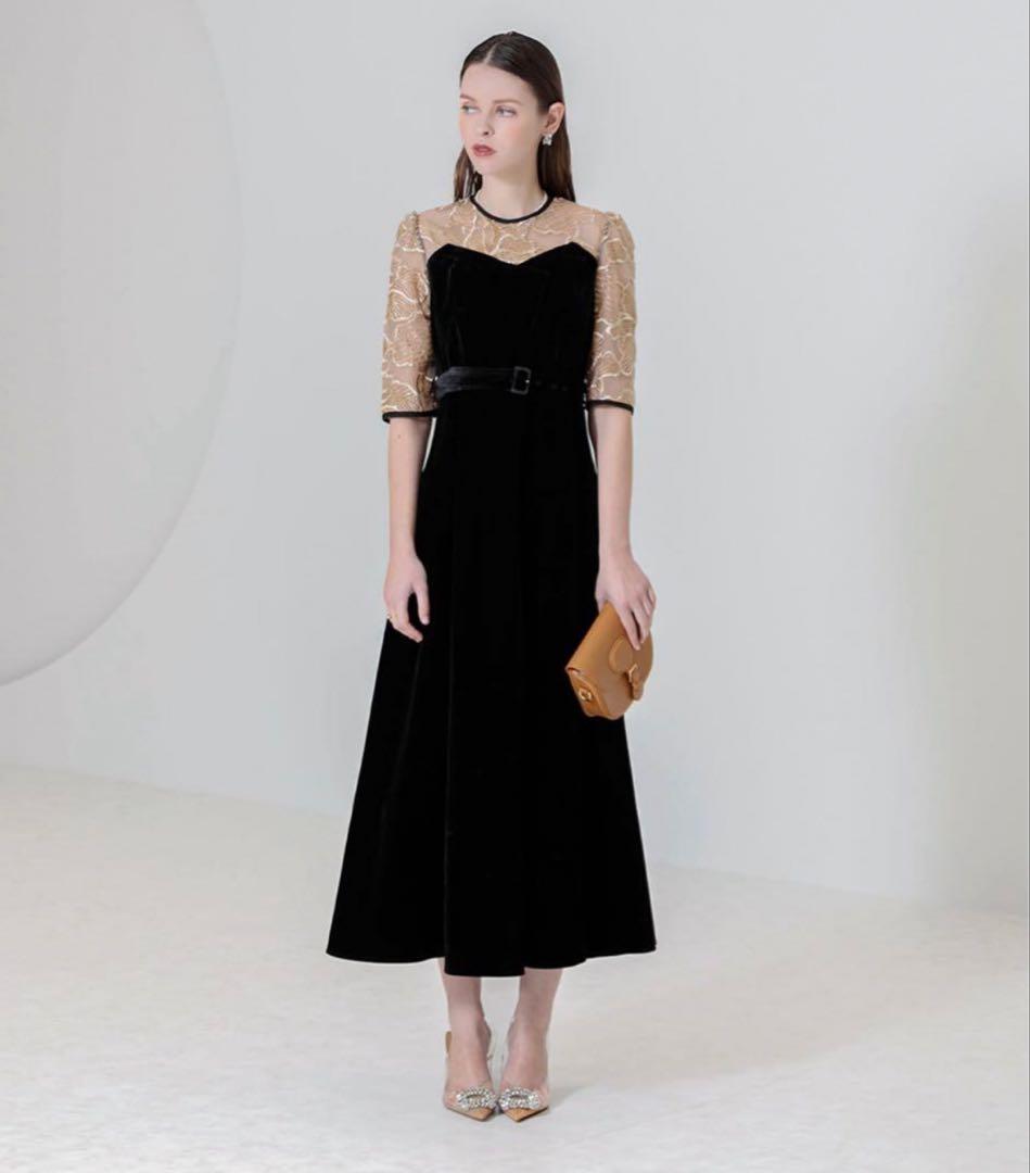 【LEJA】ビスチェ風ウエストベルト付きベロアワンピース