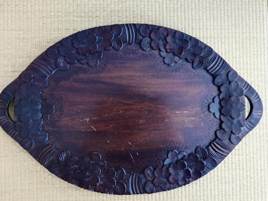 軽井沢彫 楕円のお盆 手つき 桜の縁