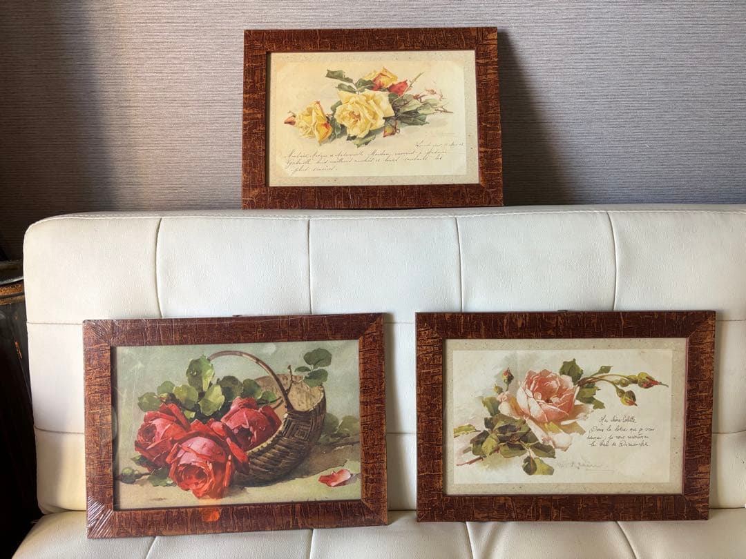 【新春SALE‼️】イタリー製絵画３点セット　薔薇ウッドフレーム　アンティーク風