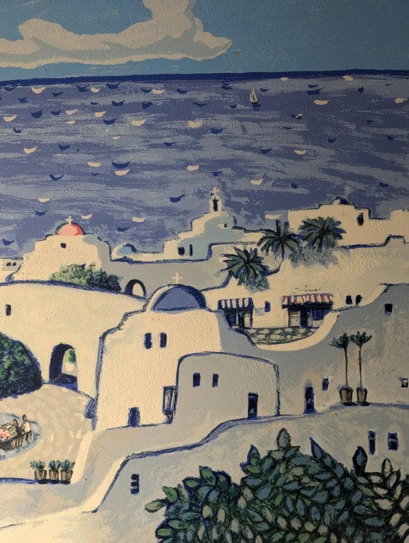 【真作】版画　技法不明　地中海の風景　輝く青と白のコントラスト　V114