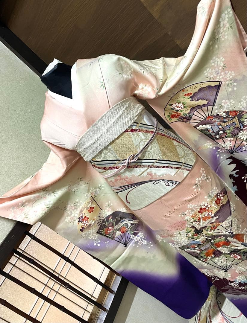 振袖 フルセット6点サイズM〜Ｌ扇子御所車鶴文　暈し染め　金糸　銀彩　正絹