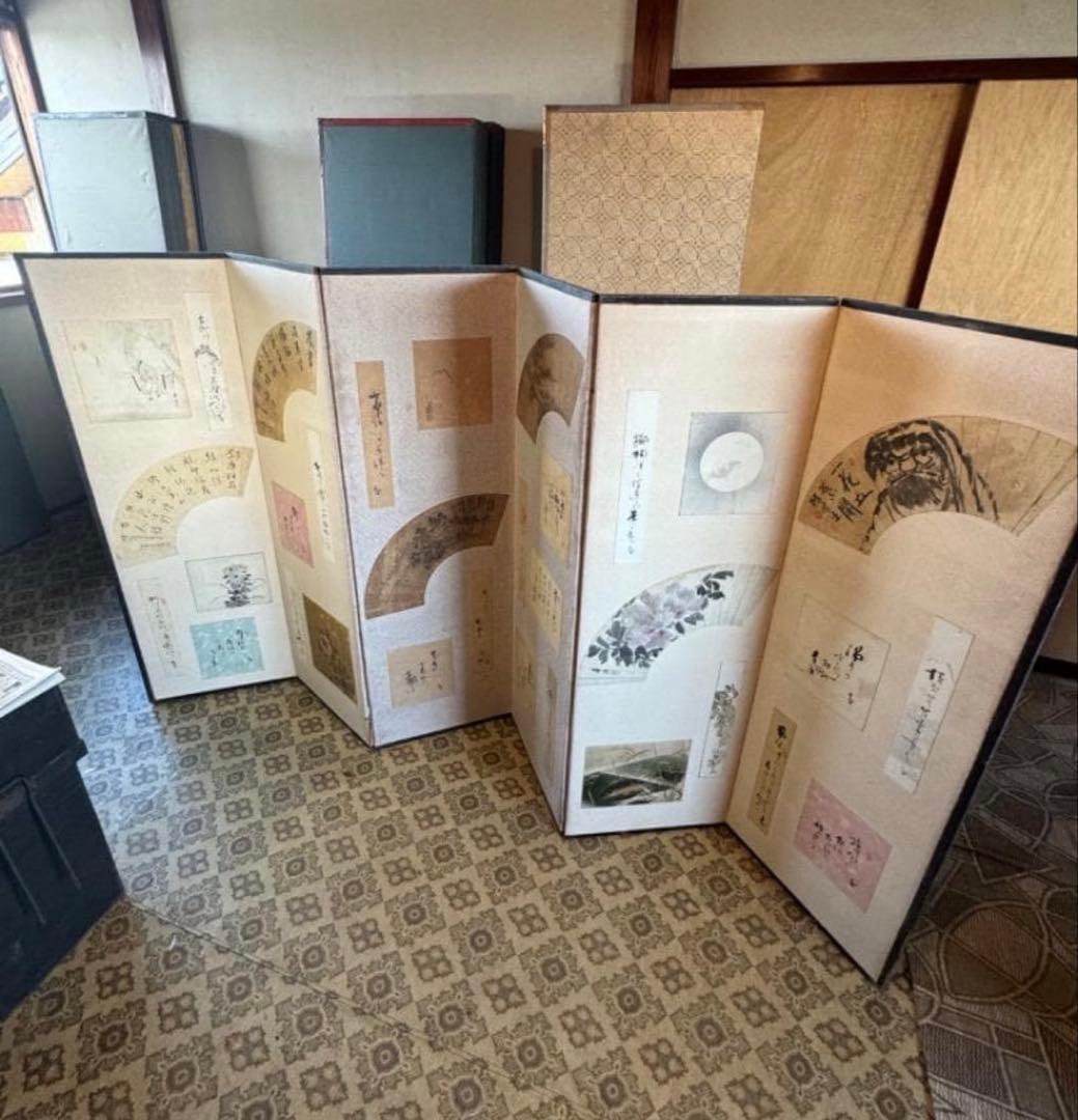 江戸後期 六曲屏風（6扇）画家コラージュ絵画