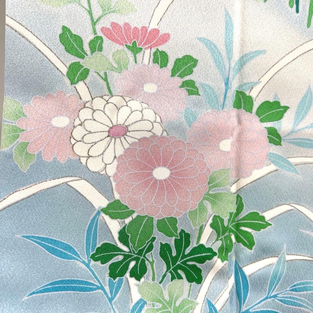 振袖　金駒刺繍　金彩　菊花　牡丹　ライトブルー　成人式　着物　101b d