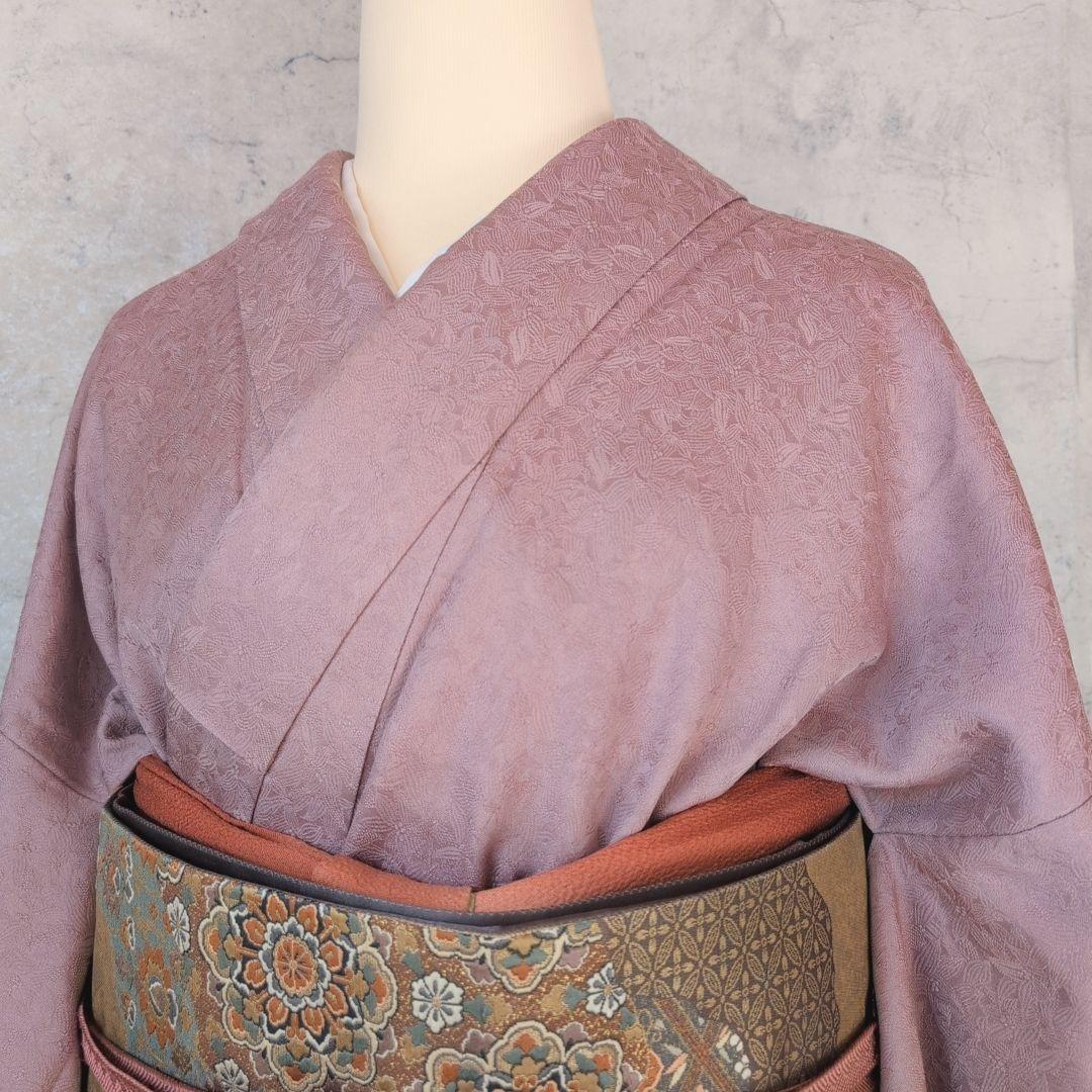 着物＋帯揚げ＋帯締め　色無地　正絹　紫ピンク　地紋　O6