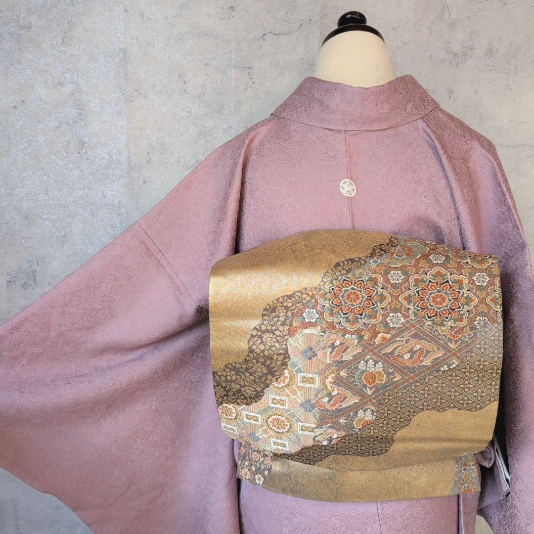 着物＋帯揚げ＋帯締め　色無地　正絹　紫ピンク　地紋　O6