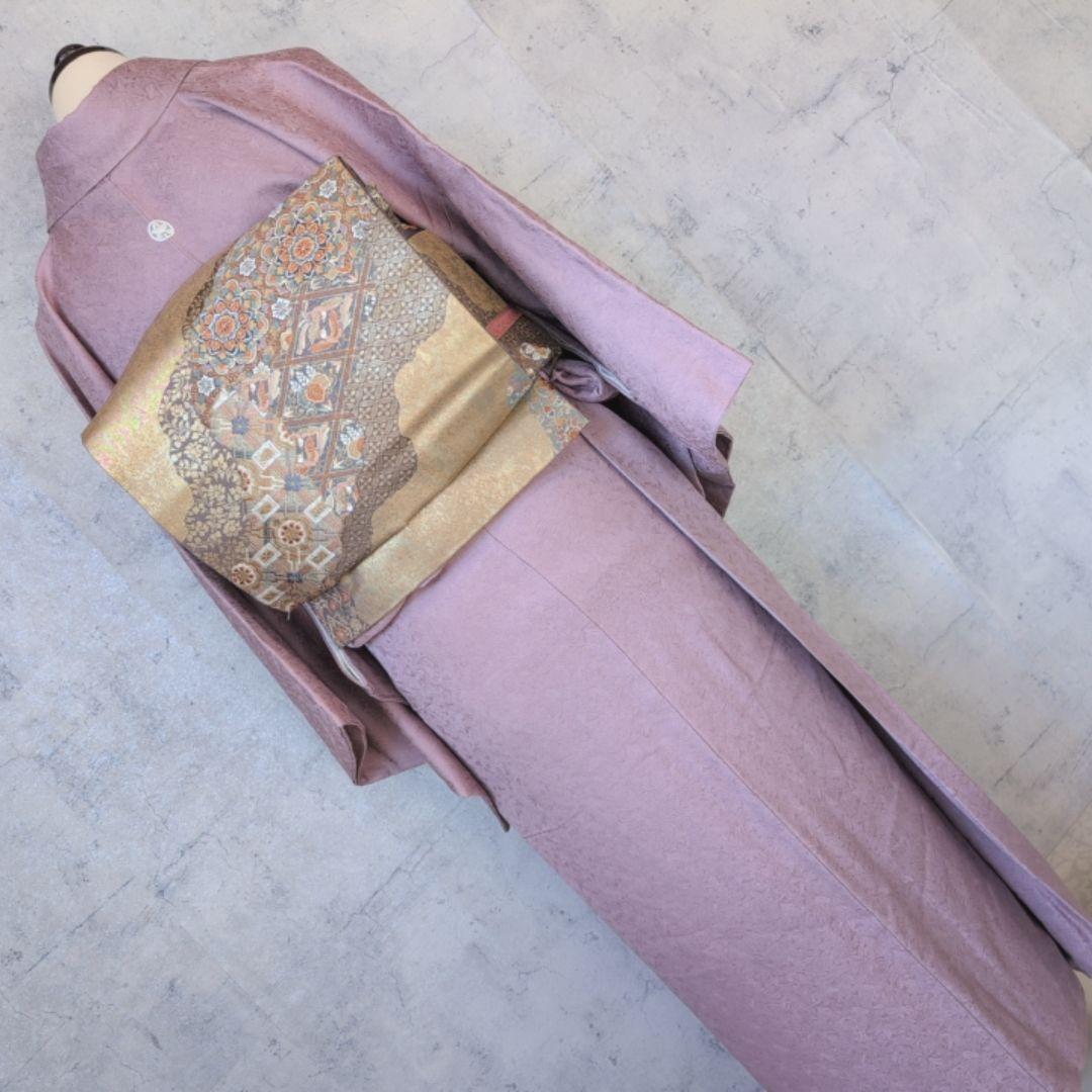 着物＋帯揚げ＋帯締め　色無地　正絹　紫ピンク　地紋　O6