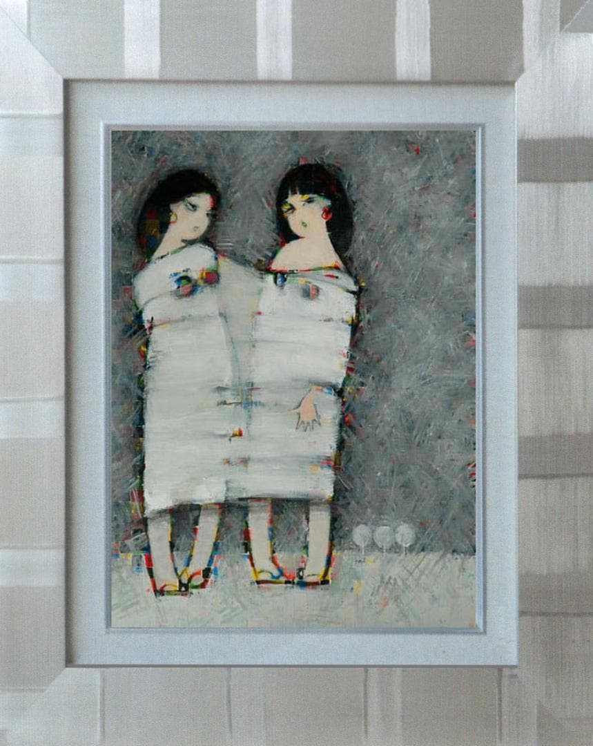 油絵 菅家令子 絵 絵画インテリア額付(白) F6-083211人物 雪国の子供