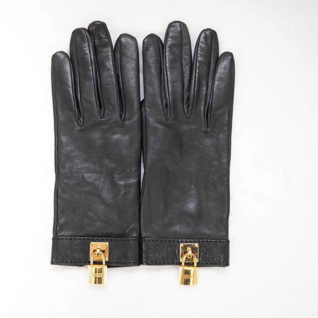 HERMES ブラックレザー手袋 ゴールド金具付き