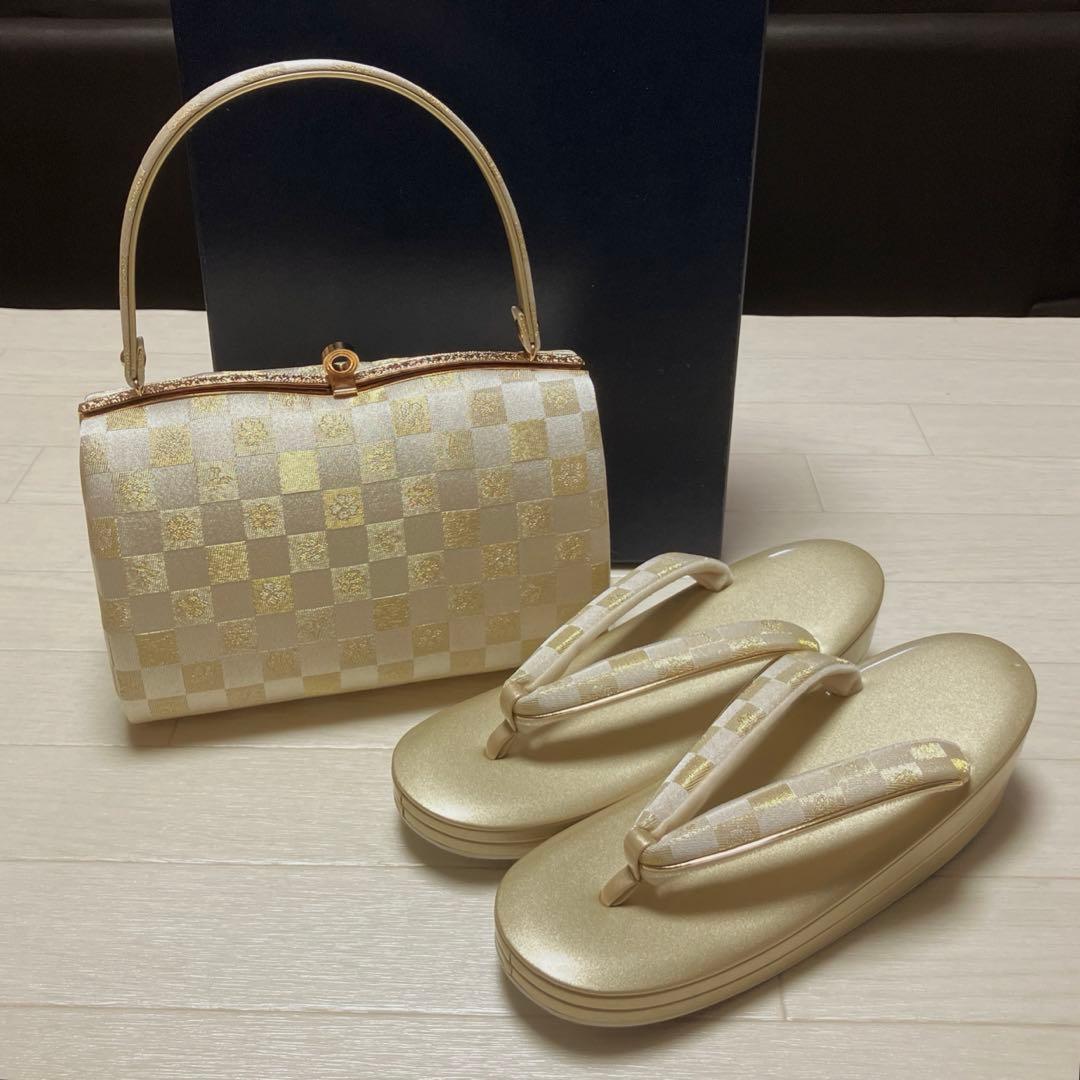 《未使用》草履バッグセット　市松模様　ゴールド
