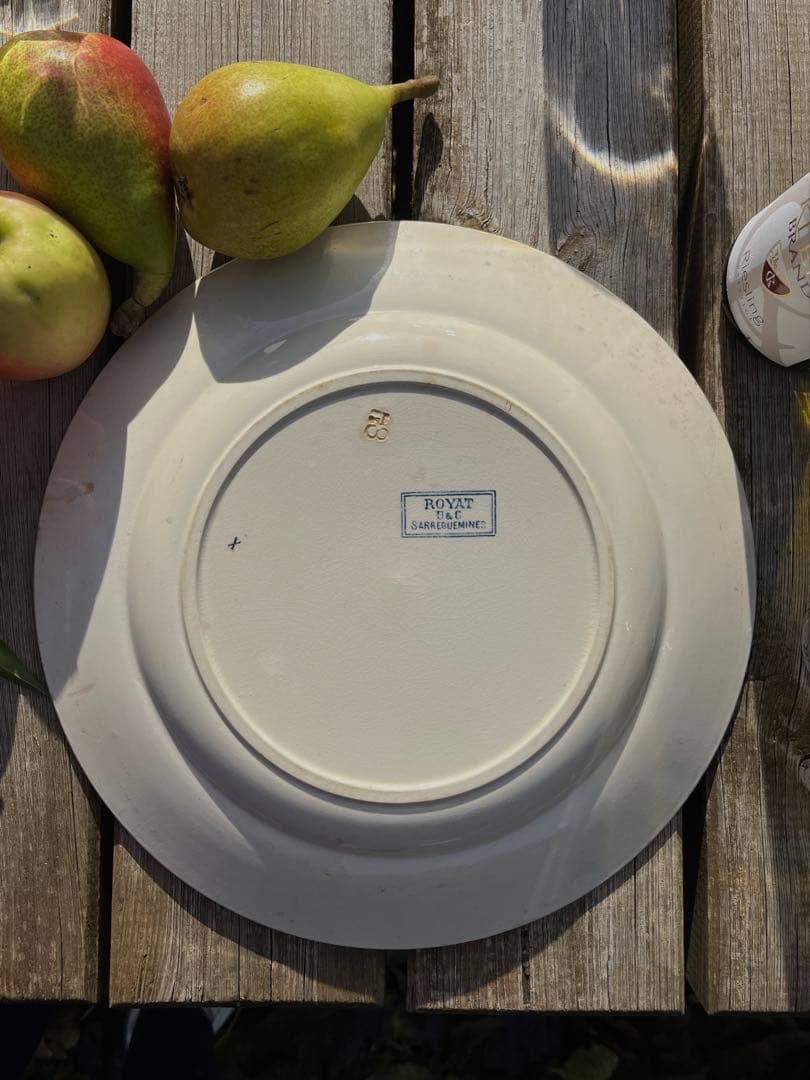 ◆フランスアンティーク｜サングミンヌ30cm大皿プレート花ボタニカル青緑陶器睡蓮